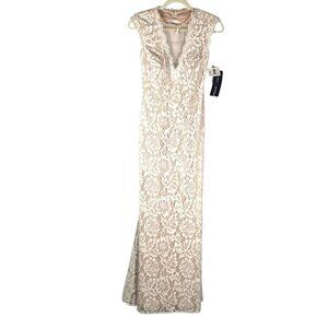 Betsy & Adam Ivory Lace Sleeveless Gown Open Back & Floral Pattern Sz 2 wedding